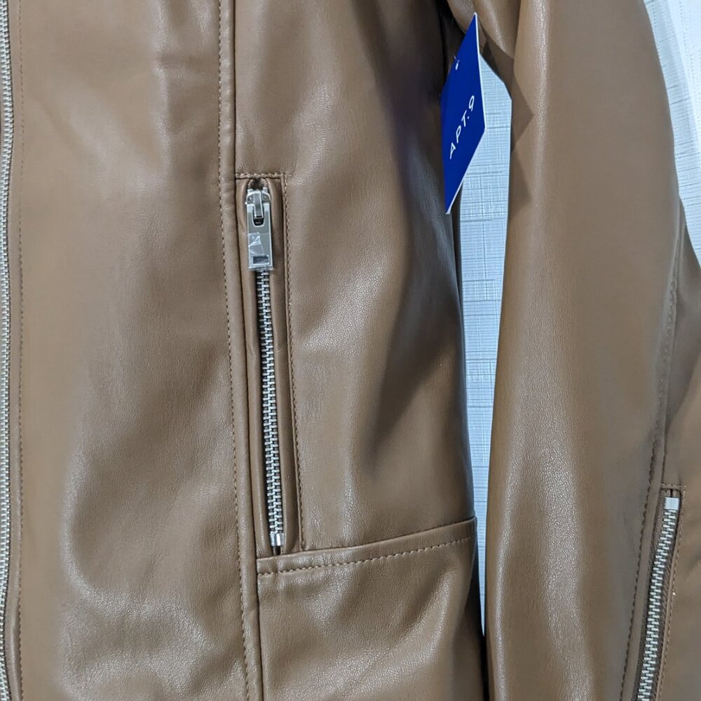 NEW APT 9 Womens Faux Brown Leather Jacket Moto Biker Coat Size Small Zip Front - Picture 7 of 13
